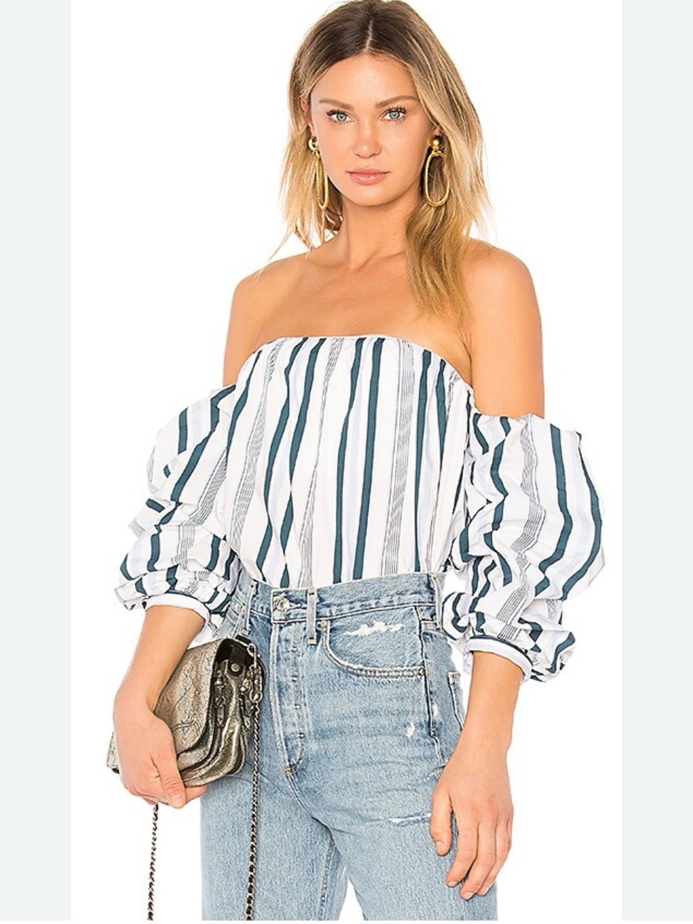 L'Academie Off-Shoulder Striped Puff Sleeve Top in White and Navy